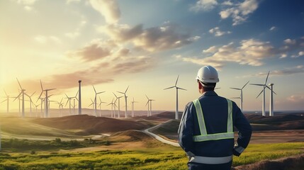 Poster - Generative AI : Engineer in Wind Turbine park checks the status of the turbines using a tablet with chroma key green screen. Copy space mockup