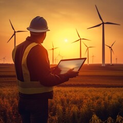 Aufkleber - Generative AI : Engineer in Wind Turbine park checks the status of the turbines using a tablet with chroma key green screen. Copy space mockup