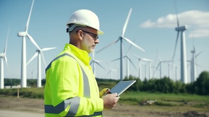 Poster - Generative AI : Engineer in Wind Turbine park checks the status of the turbines using a tablet with chroma key green screen. Copy space mockup