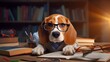 Generative AI : A beagle dog with round glasses is lying on a desk with school supplies. Back to school.