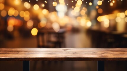 Poster - Generative AI : Top of black wood table with lamp light party in bar or club in the dark night background