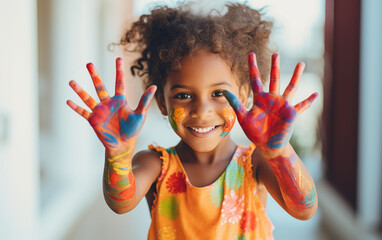 Black african american dark-skinned cute cheerful girl showing her hands painted 