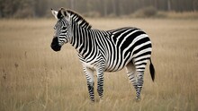 A Zebra Standing In A Field Of Tall Grass With Trees In The Background