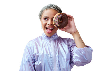 Fashion, donut and black woman excited, happy and model isolated on a transparent background. Smile, female person and girl with a sugar treat, dessert and trendy clothes with png, snack and sweet