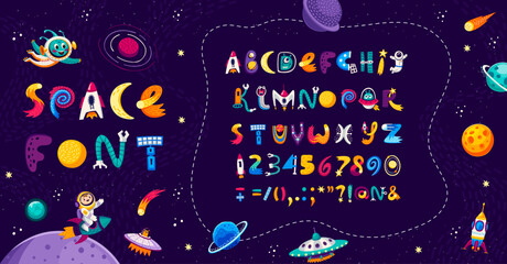 Cartoon space font in english alphabet, universe type and galaxy typeface, vector ABC. Kid typeset font or typography text with spaceman astronaut, planet and rocket or alien UFO and asteroid letters