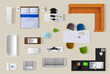 © Vector Tradition - Top view interior furniture 3d vector set. Bed, sofa, bath tub or toilet. Workplace desk with armchair, kitchen table and sink. Tv set, couch, coffee table, houseplant isolated apartment elements