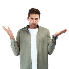 Aufkleber - Portrait, shrug and man with doubt, confused and model isolated on a transparent background. Expression, male person and guy with questions, emoji and uncertain with png, review and decision