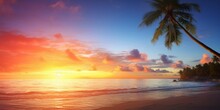 Art Beautiful Landscape Of Paradise Tropical Island Beach, Sunrise Shot, Generative AI