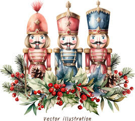 nutcracker with christmas wreath decoration watercolor ornament vector illustration