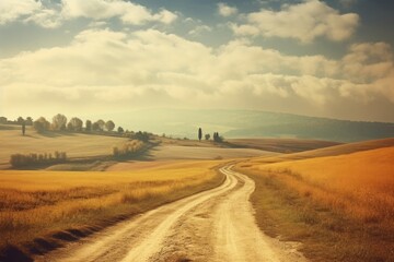 Autumn Italian rural landscape in retro style Panorama of autumn field with dirt road and cloudy sky, Generative AI