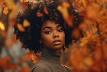 Autumn Wellbeing, Protect Mental Health Concept. How To Cope With Fall Anxiety. Beautiful Black Woman. Portrait Of Beautiful Black African American Woman On Fall Autumn Tree Background