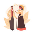 Victorian nineteenth century couple in vintage costumes, flat vector isolated.