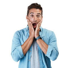 Wall Mural - Portrait, surprise or man with announcement, shocked or model isolated on transparent background. Face, person or winner with gossip, wow or winning with png, information or emoji with achievement