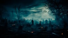 Eerie Fog Creeping Over A Moonlit Graveyard, Setting The Stage For A Haunting Halloween Concept.