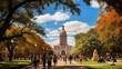 The iconic tower of the University of Texas at Austin stands tall against a clear blue sky