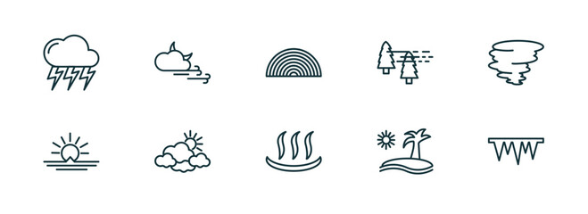 Poster - set of 10 linear icons from weather concept. outline icons such as stormy, forecast, rainbow, warm, subtropical climate, icy vector