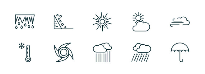 set of 10 linear icons from weather concept. outline icons such as thaw, fall, sunshine, downpour, sleet, umbrella vector