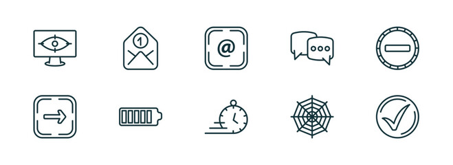 Poster - set of 10 linear icons from user interface concept. outline icons such as vigilance, envelope, at, express, spider web, checked vector