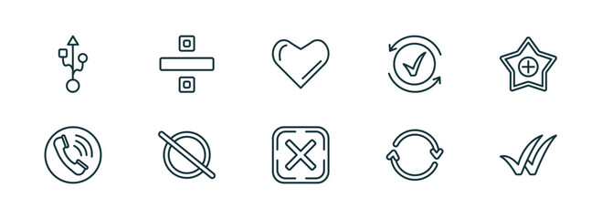 Poster - set of 10 linear icons from user interface concept. outline icons such as usb port, division, minimal, cancel, retweet, double checking vector