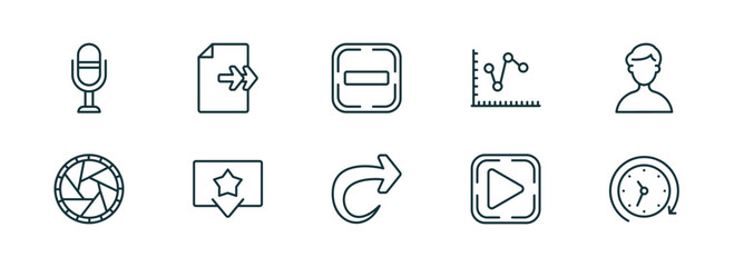 Poster - set of 10 linear icons from user interface concept. outline icons such as voice recorder, next page, subtraction, forward, play, history vector