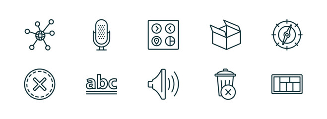 Poster - set of 10 linear icons from user interface concept. outline icons such as connectivity, mic, user ting interface, volume, remove, layout vector