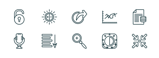 Poster - set of 10 linear icons from user interface concept. outline icons such as unblocked, brightness, share, zoom, birghtness, compress vector