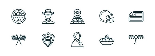 Poster - set of 10 linear icons from united states of america concept. outline icons such as made in usa, cowboy, pyramid, george washington, pumpkin pie, mother's day vector