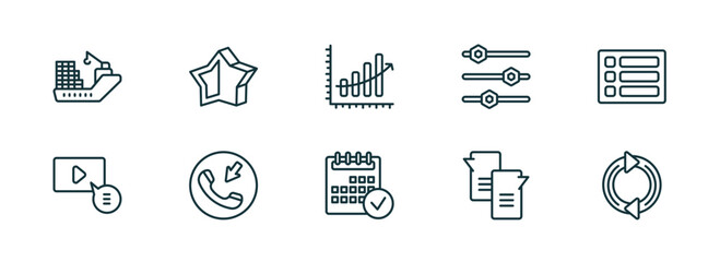 Poster - set of 10 linear icons from ultimate glyphicons concept. outline icons such as cargo boat, half star full, upload arrow with bar, calendar checked, message ballon, refresh curve arrows vector
