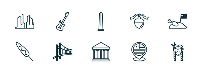 Poster - set of 10 linear icons from united states of america concept. outline icons such as grand canyon, electric guitar, obelisk, government, usa, indian vector
