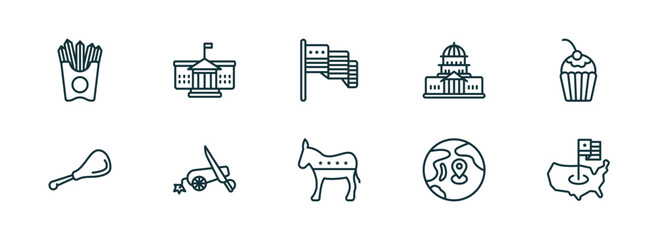 Poster - set of 10 linear icons from united states of america concept. outline icons such as french fries, white house, america, democrat, pacific ocean, united states vector