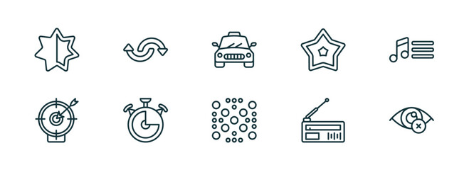 Poster - set of 10 linear icons from ultimate glyphicons concept. outline icons such as empty star, reload circular arrow, taxi fron view, dot crossed, old radio with antenna, private eye vector