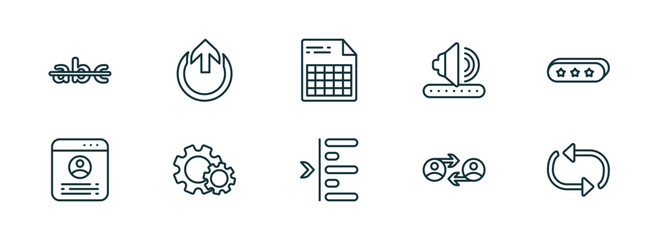Poster - set of 10 linear icons from user interface concept. outline icons such as strikethrough, external, document with tables, left side alignment, user exchange, update arrows vector