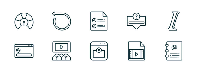Poster - set of 10 linear icons from user interface concept. outline icons such as indicators, rotate left, confirmity, remove right frame, video file, contact notebook vector
