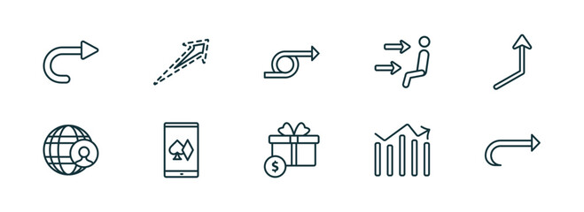 Poster - set of 10 linear icons from user interface concept. outline icons such as right curve, dotted up arrow, right loop arrow, incentive, vertical data bars, rotate arrow vector