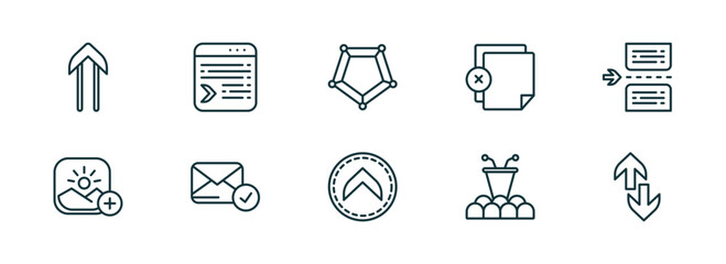 Poster - set of 10 linear icons from user interface concept. outline icons such as slim up, selective, pentagonal chart, up chevron, conference hall, up and down arrow vector