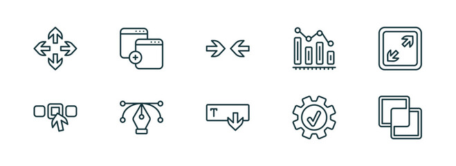 Poster - set of 10 linear icons from user interface concept. outline icons such as move arrows, new page, opposition, text out, right tings, intersect vector