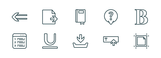 Wall Mural - set of 10 linear icons from user interface concept. outline icons such as slim left, export archive, ribbon from a book, file inbox, text in, artboard vector