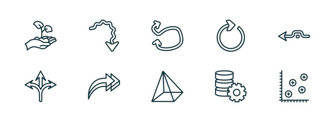 Poster - set of 10 linear icons from user interface concept. outline icons such as hand and sprout, squiggly arrow, swirly scribbled arrow, triangular pyramid, data analytics tings, spotted data vector
