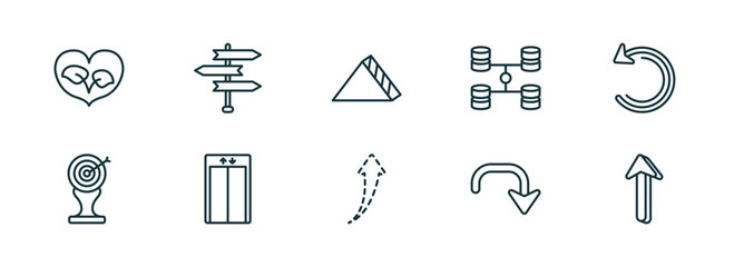 Poster - set of 10 linear icons from user interface concept. outline icons such as ecologic heart, road, triangular, up broken line arrow, downward rotation, 3d up arrow vector