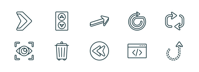Poster - set of 10 linear icons from user interface concept. outline icons such as arrowheads, elevator arrows, 3d forward arrow, back arrow, data coding, curly dotted arrow vector