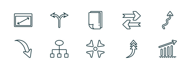 Poster - set of 10 linear icons from user interface concept. outline icons such as display size, bifurcation, white paper, reduce, turn up arrow, increase success vector
