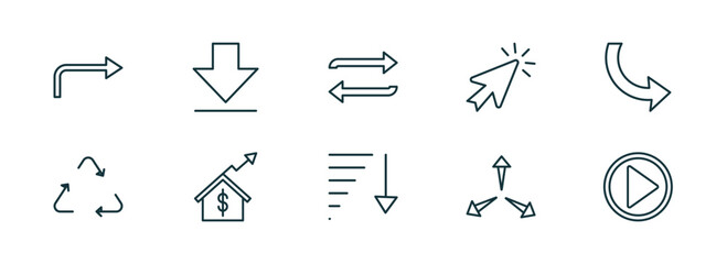 Poster - set of 10 linear icons from user interface concept. outline icons such as turn right arrow, big download arrow, replay arrows, sorting, expand arrows, video play vector