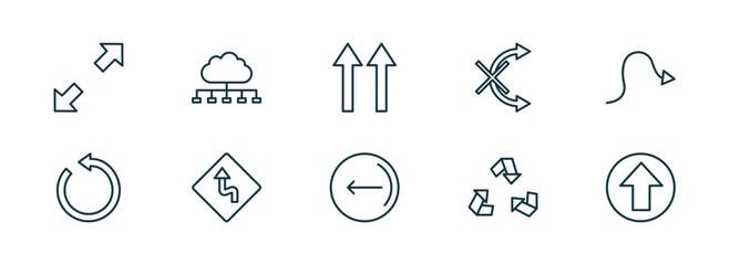 Poster - set of 10 linear icons from user interface concept. outline icons such as scale arrows, cloud with connection, up side, go back button, recycle, up arrow fold button vector