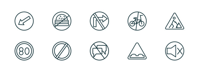 Poster - set of 10 linear icons from traffic signs concept. outline icons such as keep left, no fast food, no turn right, no chatting, humps, sound vector