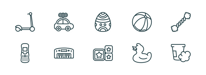 Poster - set of 10 linear icons from toys concept. outline icons such as scooter toy, car toy, toy cubes duck