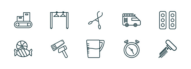 Poster - set of 10 linear icons from tools and utensils concept. outline icons such as packing hine, clothes 