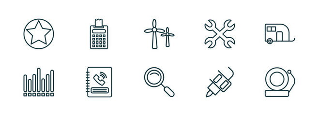 Poster - set of 10 linear icons from tools and utensils concept. outline icons such as highlight, printing calculator, windmills, magnifier, tattoo, electric bell vector