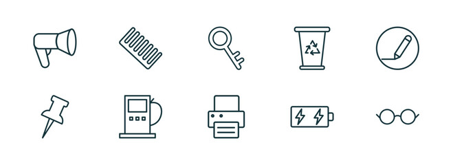 Poster - set of 10 linear icons from tools and utensils concept. outline icons such as megaphone side view, combs, tiny key, print button, battery charging, reading glasses vector