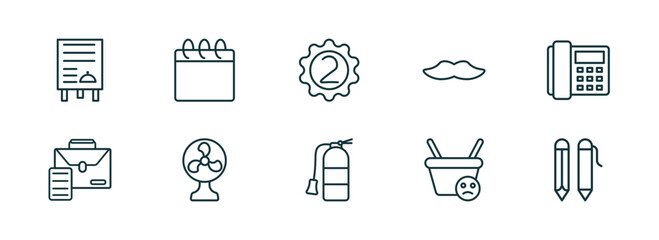 Poster - set of 10 linear icons from tools and utensils concept. outline icons such as daily specials board, calendar page, second, flame extinguisher, empty shopping basket, writing tool vector