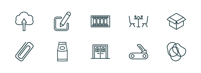 Poster - set of 10 linear icons from tools and utensils concept. outline icons such as up arrow and cloud, edit picture, film strip photograms, doors, penknife, rubber bands vector